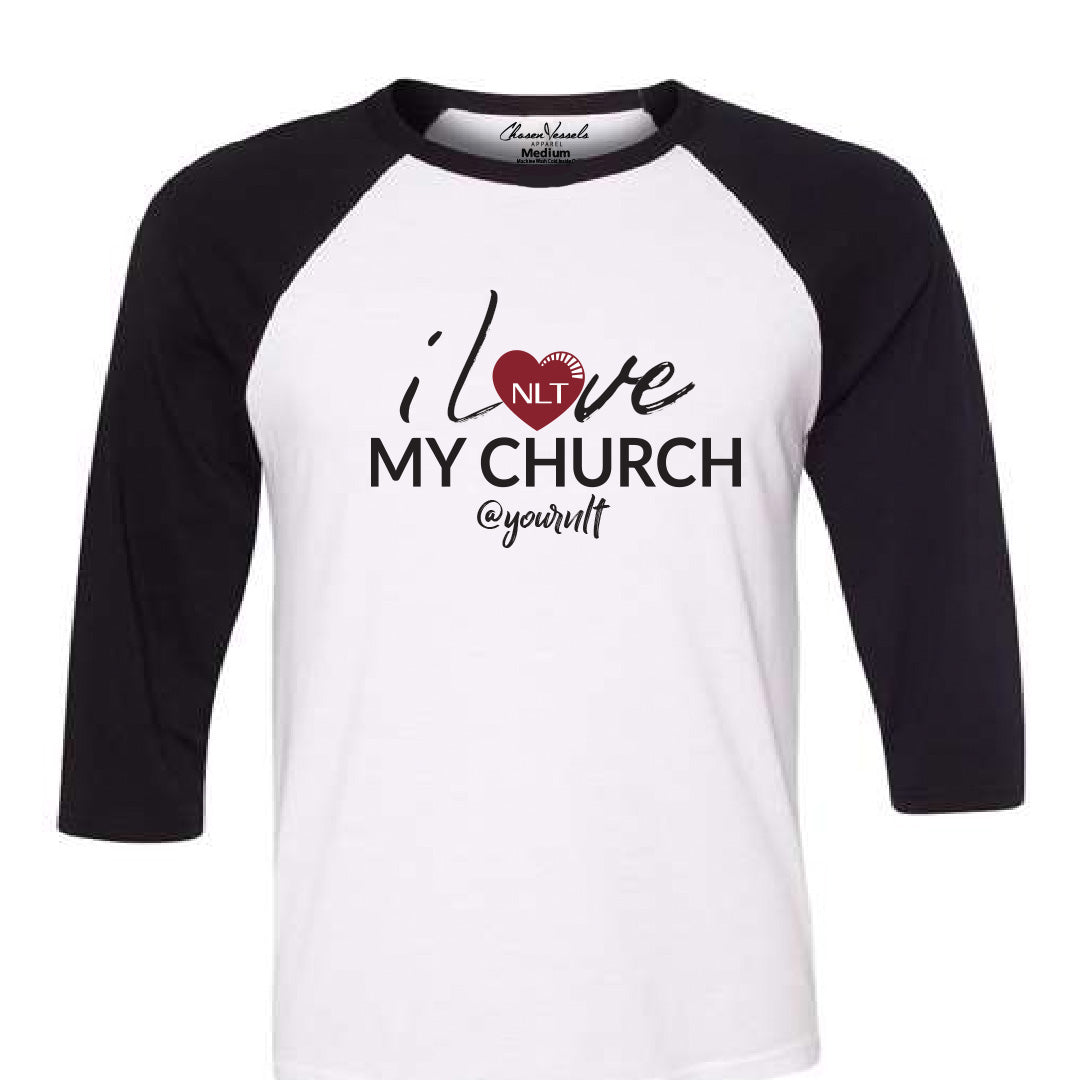 " I Love My Church" Baseball Tee ( Black Sleeve)