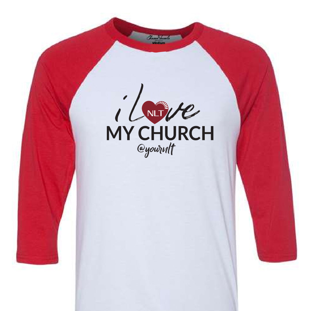 " I Love My Church" Baseball Tee ( Red Sleeve)
